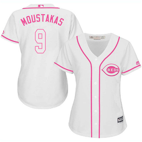 Reds #9 Mike Moustakas White/Pink Fashion Women's Stitched MLB Jersey